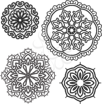Set of Round floral lace ornaments - black on white background. Elements for holiday card, wedding invitation, vintage style design.