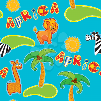 Seamless pattern with cartoon animals - giraffe, leon and zebra and handdrawn word Africa - hand made cutout images - Background for children. 