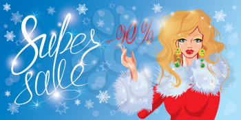 Christmas Discount horizontal banner with Smiling Happy blond girl. Calligraphic hand written text Super sale. Winter background with snowflakes.