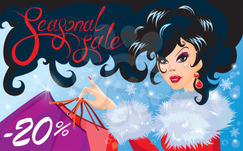 Christmas Discount horizontal banner with Smiling Happy brunette girl. Calligraphic hand written text Seasonal sale. Winter background with snowflakes.