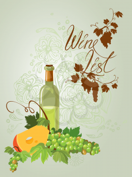 Wine bottle, cheese and green grapes and leaves on beige floral ornamental background. Calligraphic handdrawn text Wine list. Element for restaurant, bar, cafe menu or label.