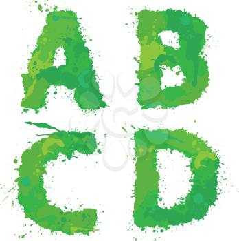 A, B, C, D, Handdrawn english alphabet - letters are made of green watercolor, ink splatter, paint splash font. Isolated on white background.