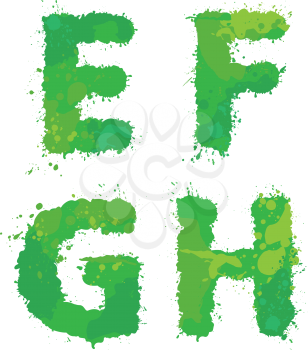 E, F, G, H, Handdrawn english alphabet - letters are made of green watercolor, ink splatter, paint splash font. Isolated on white background.