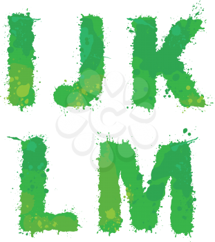 I, J, K, L, M, Handdrawn english alphabet - letters are made of green watercolor, ink splatter, paint splash font. Isolated on white background.