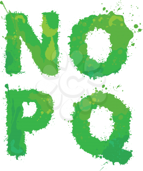 N, O, P,Q, Handdrawn english alphabet - letters are made of green watercolor, ink splatter, paint splash font. Isolated on white background.