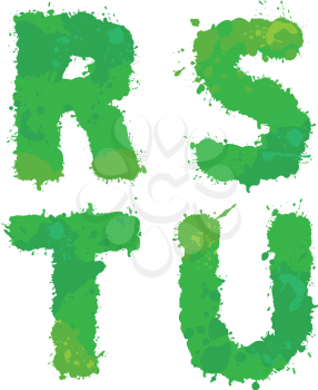 R, S, T, U, Handdrawn english alphabet - letters are made of green watercolor, ink splatter, paint splash font. Isolated on white background.