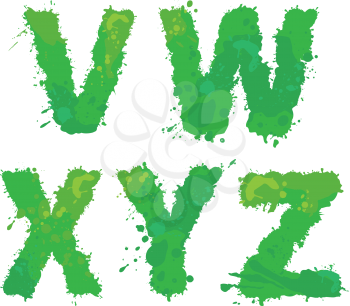V, W, X, Y, Z, Handdrawn english alphabet - letters are made of green watercolor, ink splatter, paint splash font. Isolated on white background.