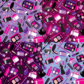 Cosmetics and makeup seamless pattern. Elements for make up, brush, powder, lipstick, nail polish. Beauty products symbols. Fashion style.