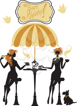 Girls silhouettes, Illustration of two young women drinking coffee and chatting on Paris street cafe. Elements for restaurant, bar menu design. Bon appetit, handwritten calligraphic text.
