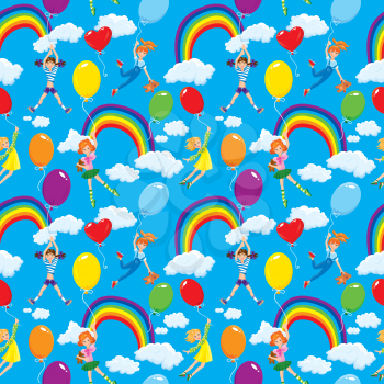 Seamless pattern with rainbows, clouds, colorful balloons and cute girls  with teddy bears on sky blue background. 