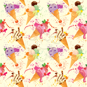 Seamless pattern with Ice cream cones with glaze, Chocolate, strawberry, blueberry and cherry, on light yellow background with bright colors drops. Grunge style.