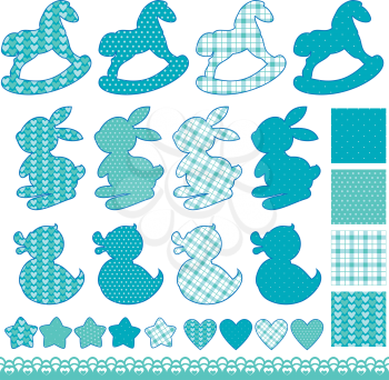 Set with toys - horses, rabbits, hearts and stars, isolated on white background. Newborn boy blue color elements. Seamless patterns collection. Design for baby shower, card, invitation, etc.