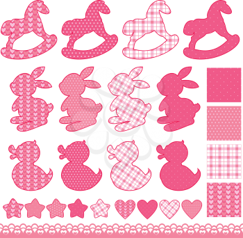 Set with toys - horses, rabbits, hearts and stars, isolated on white background. Newborn girl pink color elements. Seamless patterns collection. Design for baby shower, card, invitation, etc.
