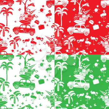 Set of seamless patterns with small retro travel car, luggage, palm trees, flamingo, red, green and white color backgrounds. Element for summer greeting, posters and t-shirts printing.