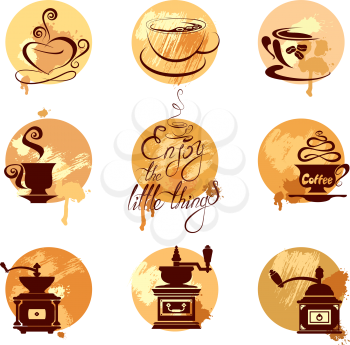 Set 2 of coffee cups and coffeemills icons on gunge background, stylized sketch symbols for restaurant or cafe menu. Calligraphic text Enjoy the little things.