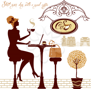 Girl drink coffee and work with laptop, sitting in street cafe. Element for restaurant, bar menu design. Business woman silhouette.