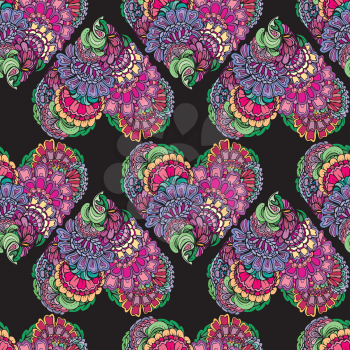 Abstract decorative seamless pattern with hand drawn floral elements in heart shape.