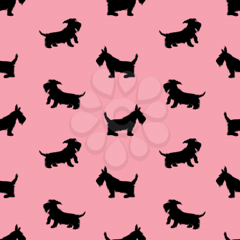 Seamless pattern with black dogs silhouettes, scotchterrier on pink background. Childish Animal design for girls.