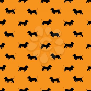 Seamless pattern with black dogs silhouettes - Dachshund on orange background. Animal design.