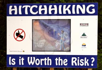 warning sign about hitchhiking in British Columbia