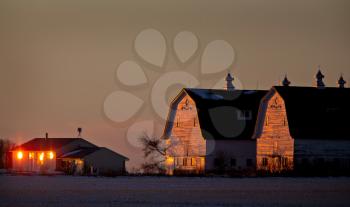 Double Barn in Winter Sunset Saskatchewan Canada