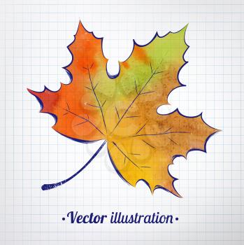 Autumn leaf with watercolor texture drawn on checkered paper. Vector illustration.