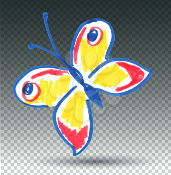 Childlike drawing of butterfly. Vector illustration. Isolated.