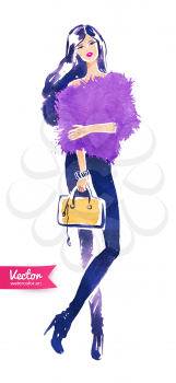 Fashion model with bag. Vector watercolor fashion illustration.