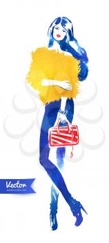 Fashion model with bag. Vector watercolor fashion illustration.