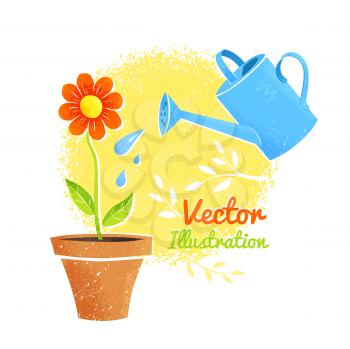 Flower and watering can. Vector illustration.