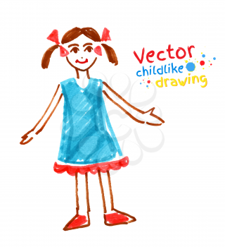 Childlike felt pen drawing of girl. Vector illustration. Isolated.