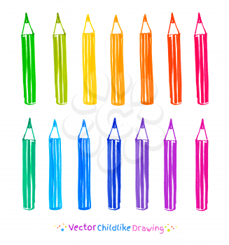 Colorful set of pencils. Childlike felt pen drawing. Vector illustration, isolated.