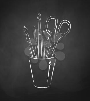 Brushes, pen, pencils and scissors in holder. Chalkboard drawing. Vector illustration. Isolated.