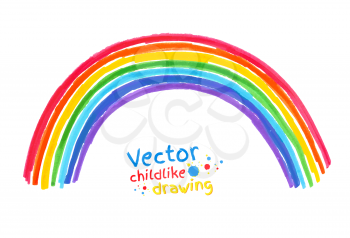 Felt pen childlike drawing of rainbow. Vector illustration. isolated.