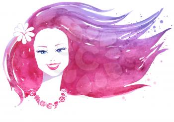 Watercolor portrait of young smiling woman. Vector illustration.