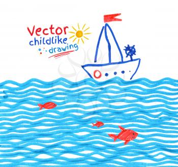 Felt pen childlike drawing of seaside. Vector illustration.