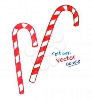 Childlike felt pen drawing of Christmas candy cane. Vector illustration.