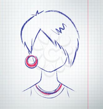 Female avatar with earring. Vector sketch drawn on checkered school paper.