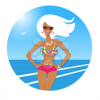 Tanned girl at the seaside. Vector illustration.