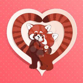 Two red pandas hug each other. Vector illustration.