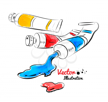 Paint tubes and oil paint. Watercolor and line art. Vector illustration. Isolated.