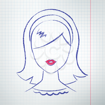 Female avatar with red lips. Pen drawing on school notebook checkered paper. Vector sketch.