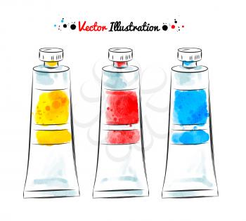 Three hand drawn paint tubes. Watercolor and line art. Vector illustration. Isolated.