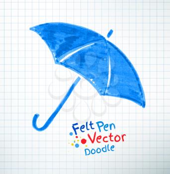 Vector illustration of umbrella. Felt pen childlike drawing on checkered notebook paper.