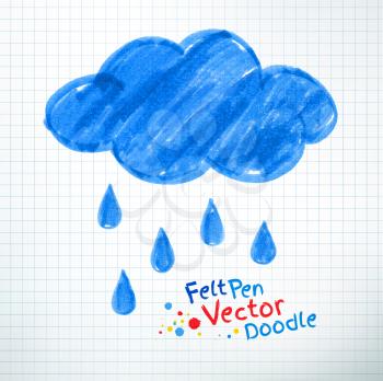 Vector illustration of rainy cloud. Felt pen childlike drawing on checkered notebook paper.