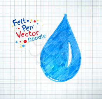 Vector illustration of water drop. Felt pen childlike drawing on checkered notebook paper.