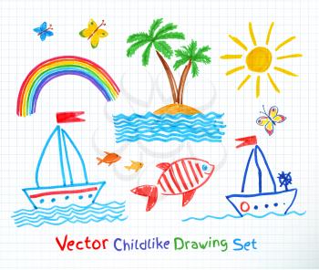 Summer seaside set. Felt pen childlike drawing. Vector illustration.