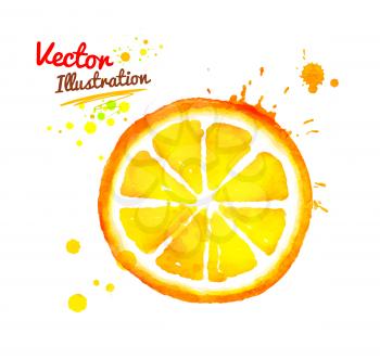 Watercolor vector hand drawn slice of orange with paint splashes.
