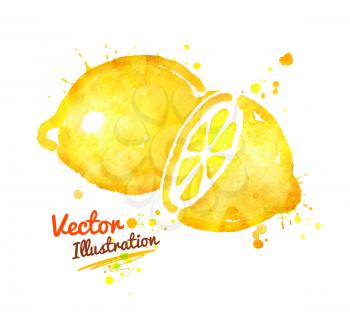 Watercolor vector illustration of lemon with paint splashes.