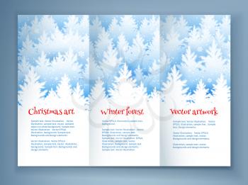 Christmas leaflet design template with winter spruce forest silhouette landscape and falling snow.